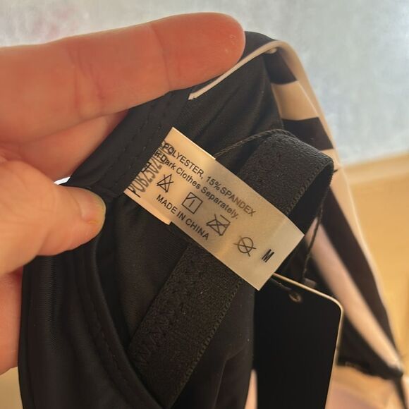 Black and White Striped One-Shoulder Swimsuit - Picture 3 of 4